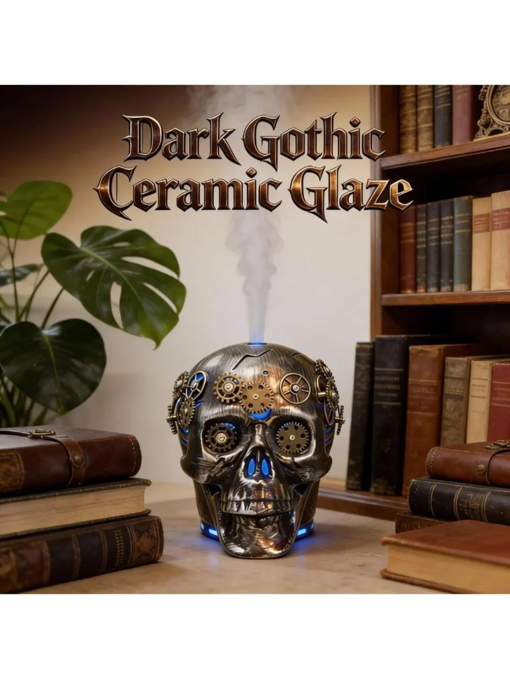 Dark Gothic Steampunk Skull Essential Oil Diffuser - Halloween Decor, 7 LED